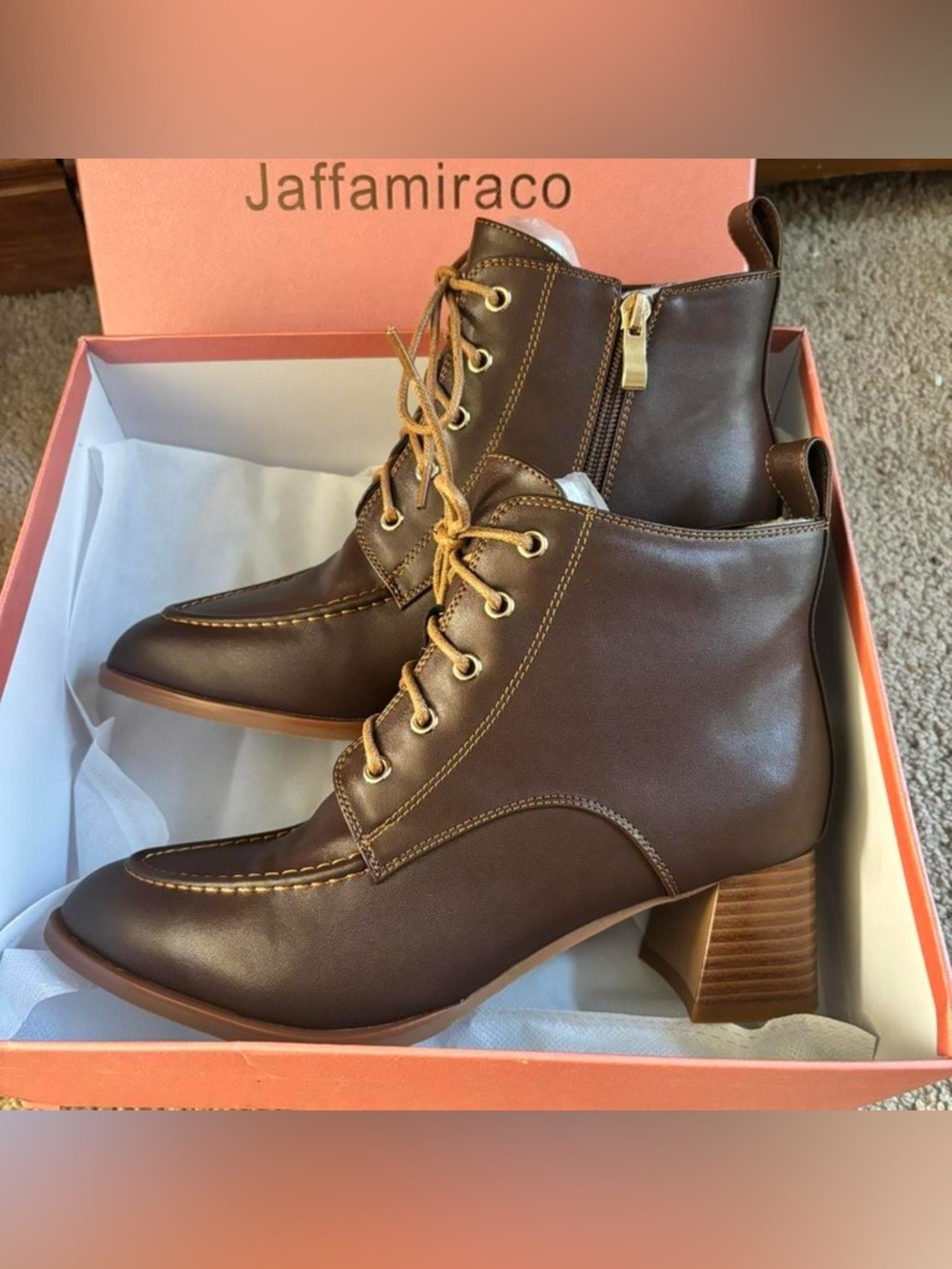 Brown Lace-Up Block Heel Ankle Booties